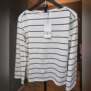 ZARA White & Black Striped Long Sleeve Boat Neck Top Size Small NWT